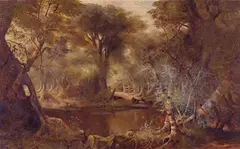 Edwin Deakin, Cattle in a stream, 1870, oil on canvas affixed to board