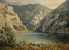 River through the mountains by Ralph E. DeCamp, oil on board, sold Oct 2014