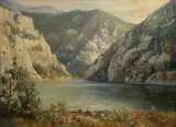 Ralph E. DeCamp, River through the mountains, oil on board