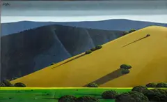 Shadows on a hillside by Eyvind Earle, oil on masonite, sold Oct 2014