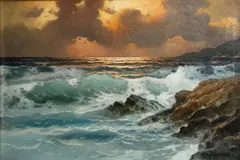 Waves breaking at sunset by Alexander Dzigurski, oil on canvas, sold Oct 2014