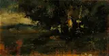 William Keith, California landscape, oil on cigar box top