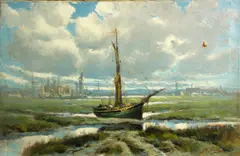 Ship in shallow waters by Manuel Valencia, oil on canvas, sold Oct 2014