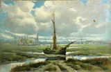 Manuel Valencia, Ship in shallow waters, oil on canvas