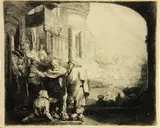 Peter and John Healing the Cripple at the Gate of the Temple (B. Holl. 94; H. 301) by Rembrandt Harmensz van Rijn, 1659, Etching with drypoint and engraving on laid paper, a later impression, Boon's IV (final) state, offered Oct 2014