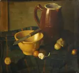 A still life with garlic, onions, a pitcher, a bowl and a knife by Continental School, oil on canvas, offered May 2014