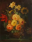A still life with a sunflower, roses and other flowers by Continental School, oil on canvas laid down on board, offered May 2014