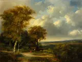 An extensive landscape with two figures before a hut by Dutch School, oil on canvas, sold May 2014