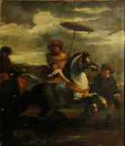 A woman in Eastern dress on horseback holding a parasol; also a companion painting (a pair) by Italian School, offered May 2014