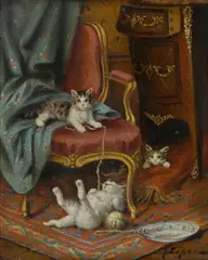 Jules Leroy, The playful cats, oil on canvas