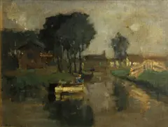 Bertram Priestman, A river view with houses, oil on canvas board