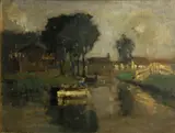 Bertram Priestman, A river view with houses, oil on canvas board