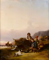 Snr. William Shayer, Mending the nets, oil on canvas