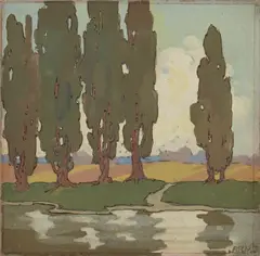 Jessie Arms Botke, Landscape with eucalyptus trees, gouache on board