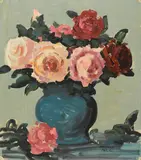 Conrad Buff, Still life with roses in a blue vase; Still life with orange flowers (two)