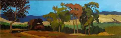 Jesse Don Rasberry, California trees under blue skies, oil on masonite