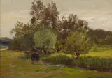 Charles Volkmar, Landscape with trees and stream, Gentilly, oil on board