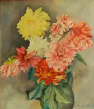 Still life with dahlias in a green vase by Evgeni Androvich Agafonov, oil on canvas, offered May 2014