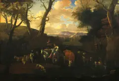 Michiel Carree, An extensive landscape with cattle and figures by a stream, oil on canvas
