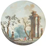 French School, An Italianate landscape with ruins, gouache on paper
