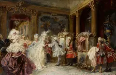 Jean-Paul Sinibaldi, Elegant figures entering sedan chairs in an interior, oil on canvas