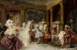 Jean-Paul Sinibaldi, Elegant figures entering sedan chairs in an interior, oil on canvas