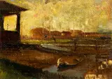 Franz Bischoff, Boats by a ramshackle house, oil on canvas affixed to board