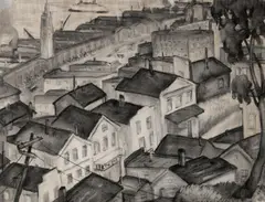 Rinaldo Cuneo, Telegraph hill with the Ferry Building in the distance, San Francisco, charcoal on paper