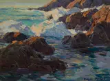 A rocky coastal seascape by Edgar Alwin Payne, 1919, oil on board, sold Apr 2014