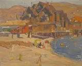 Maurice Logan, Figures on the sand under beach umbrellas with shore buildings beyond, oil on board