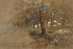 Arthur Frank Mathews, Trees along a river (Landscape), watercolor and gouache on paper affixed to paperboard