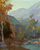 The arroyo, late afternoon by Marion Wachtel, oil on canvas affixed to board, sold Apr 2014