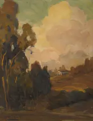 Eucalyptus at sunset by Hanson Puthuff, oil on canvas affixed to board, offered Apr 2014