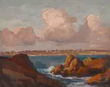 Rocky coastline with pink clouds above by Edgar Alwin Payne, oil on canvas board, sold Apr 2014