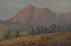 Trees on a ridge with purple mountains beyond by Maurice Braun, oil on board, sold Apr 2014