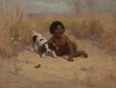 Alice Gray Coutts, Child and puppy playing with a frog, oil on board
