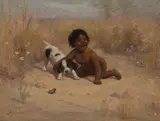 Alice Gray Coutts, Child and puppy playing with a frog, oil on board