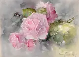 Franz Bischoff, Plaque with pink and yellow roses, porcelain