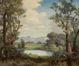 Robert Wood, Tree lined lake with mountains beyond