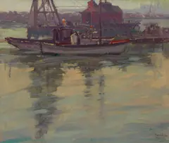Harbor sketch by Sam Hyde Harris, oil on canvas, sold Apr 2014