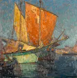 Italian fishing boats in a harbor by Edgar Alwin Payne, oil on board, sold Apr 2014