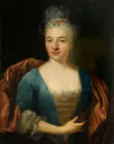 A portrait of a lady, half-length, wearing a blue dress with a pink wrap by French School, oil on canvas, sold Mar 2014