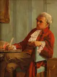 A man seated at a table holding a quill pen by English School, oil on panel, offered Mar 2014