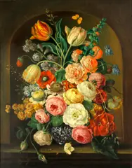 Oskar Robert Donau, A still life with tulips, roses and other flowers in a ceramic vase within a niche; and a companion floral still life (a pair)