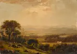 An extensive landscape with figures in the foreground by Jasper Francis Cropsey, oil on canvas, sold Mar 2014