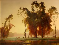 Henry Otto Wix, Buffaloes grazing under trees at sunset, oil on canvas