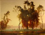 Henry Otto Wix, Buffaloes grazing under trees at sunset, oil on canvas