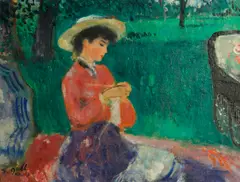 François Gall, Eugénie au landau, tricotant au Parc de Bagatelle, Paris 16è, 1948, oil on canvas