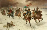A cavalry skirmish in the snow by Continental School, oil on panel, sold Feb 2014