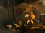 Karel Dujardin, A landscape with a shepherd and his flock by a stream, oil on canvas